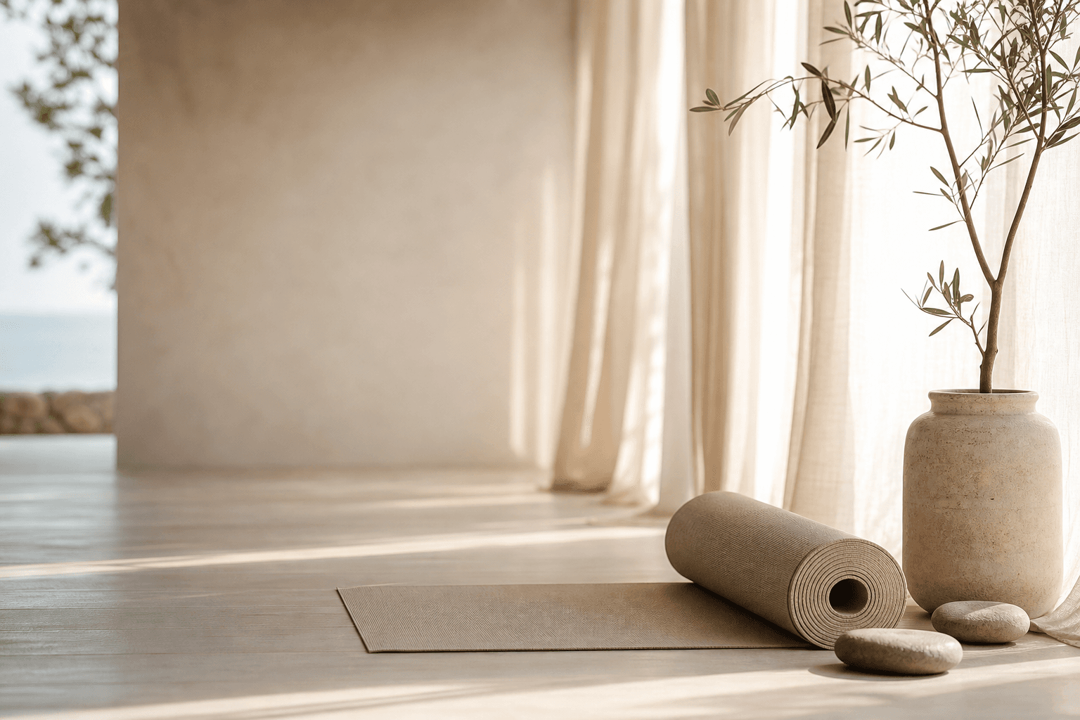 A serene morning yoga practice in soft natural light
